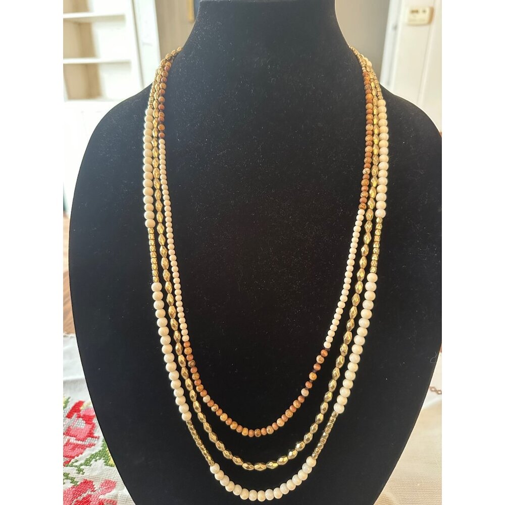 Multi-Strand Beaded Necklace W/ Leather Wrap & Gold Accents